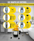 Badass Heavy Duty 400W Electric Drain Snake With 6 Foot Manganese Steel Spring Coiled Pipe Auger showing six cutter attachments.