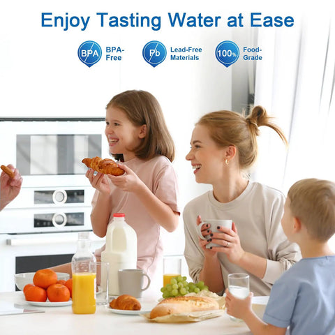 Family enjoying breakfast and water, highlighting Brita And Mavea Compatible Water Filter Replacement Pack for Pitchers And Dispensers.