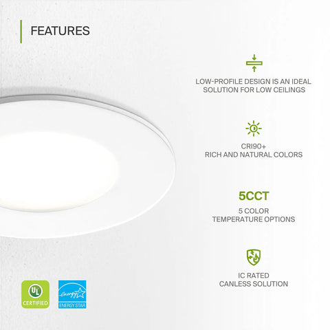 3 Inch LED Recessed Light Kit Ultra Thin Dimmable Ceiling Lights With J Box 2700K 3000K 3500K 4000K 5000K Color Temps 6W 30W Equivalent Canless Wafer Round Slim Panel UL Energy Star Black 6 Pack