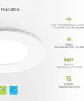 Three Inch LED Recessed Light Canless Wafer Round Slim Panel, shown installed in ceiling, 5 CCT, UL and Energy Star certified.