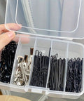 Clear See Through Plastic Storage Box For Cosmetics And Tiny Tools Handy Portable Organizer, open with clips and pins inside.