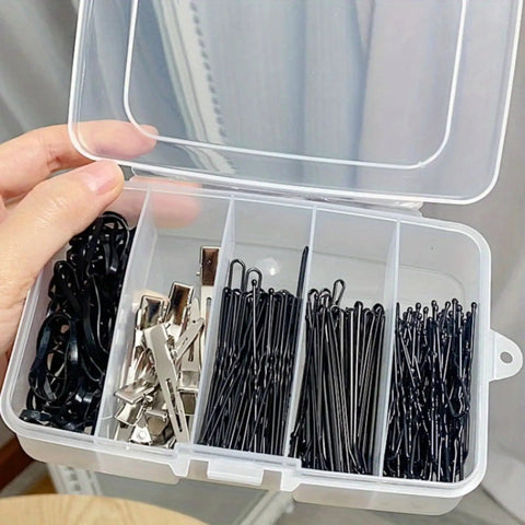 Clear See Through Plastic Storage Box For Cosmetics And Tiny Tools Handy Portable Organizer, open with clips and pins inside.