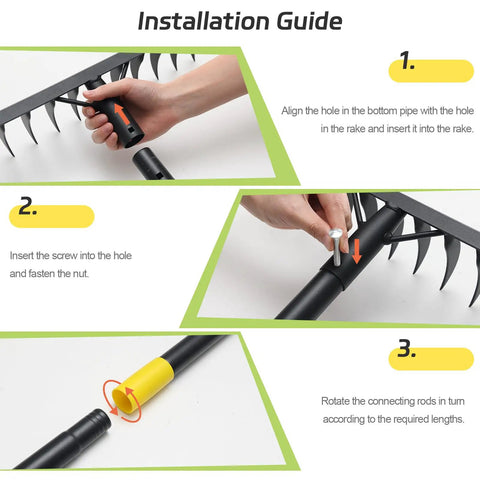 Installation guide for Heavy Duty Garden Rake With 78 Inch Handle And Twisted Tooth Tines 12 Metal Head Rake assembly steps