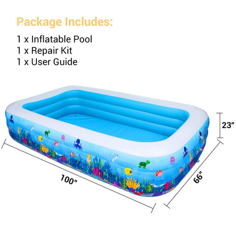 Ultra Spacious Family Sized Inflatable Pool 100 Inch By 66 Inch By 23 Inch Above Ground Kiddie Lounge Blow Up Pool with repair kit and guide