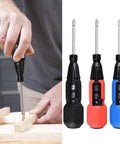 Hand using Cordless 3.6V Electric Screwdriver Set With LED Lamp, Auto Torque on wood; three screwdriver colors shown: black, red, blue.