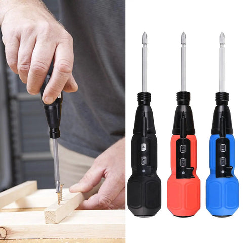 Hand using Cordless 3.6V Electric Screwdriver Set With LED Lamp, Auto Torque on wood; three screwdriver colors shown: black, red, blue.