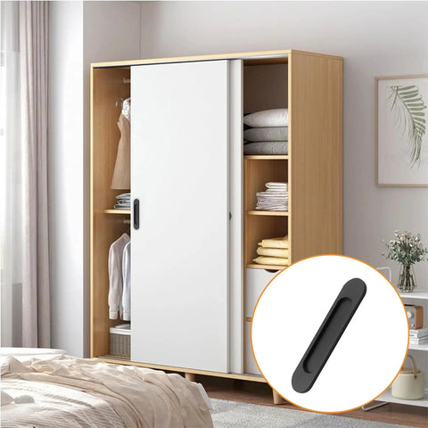 8 Pack Matte Black Aluminum Alloy Recessed Oval Sliding Door Handles For Barn Doors Closets Cabinets Drawers And Wardrobes 180mm Length Punch Free No Drill Easy Install Smooth Edges Rust Resistant Finish on white wardrobe