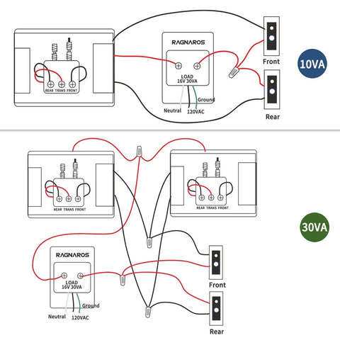 Wiring diagram for 16V 30VA Doorbell Transformer powers single or multiple chimes, works with Ring Pro Nest Hello.