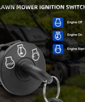 Lawn mower ignition switch with key, black circular housing, 5 terminals, foreground close-up