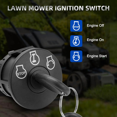 Lawn mower ignition switch with key, black circular housing, 5 terminals, foreground close-up