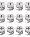 Straight Up Solid Cam Connectors And Lock Nuts For Cabinets Drawers And Wardrobes 12 Piece Zinc Alloy Furniture Hardware Kit showing twelve zinc cam locks.