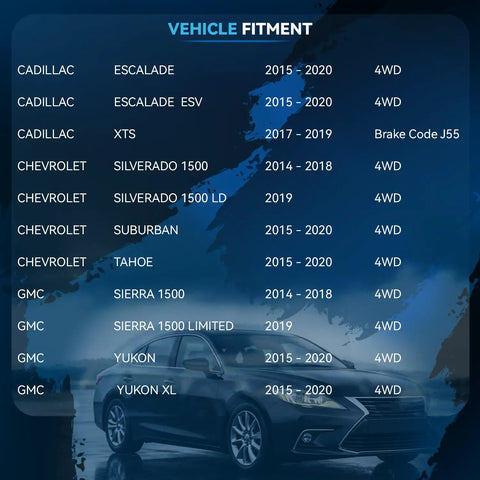 Vehicle fitment chart for Front Wheel Bearing Hub Assembly 4WD including Chevrolet Silverado, Suburban, Tahoe, GMC Sierra, Yukon, Cadillac Escalade.