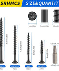 Size 10 Three Inch Deck Screws With Torx T25 Drive, 55 Pack Carbon Steel Black Epoxy Coated For Outdoor Use, shown in varied sizes and dimensions