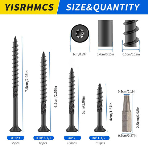 Size 10 Three Inch Deck Screws With Torx T25 Drive, 55 Pack Carbon Steel Black Epoxy Coated For Outdoor Use, shown in varied sizes and dimensions
