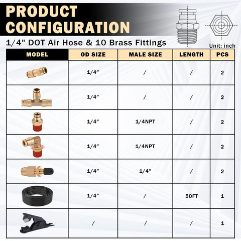 Product configuration of Fifty Feet One Quarter Inch Air Line Kit With Brass Fittings For Your Truck And SUV Rig Air Bag Suspension