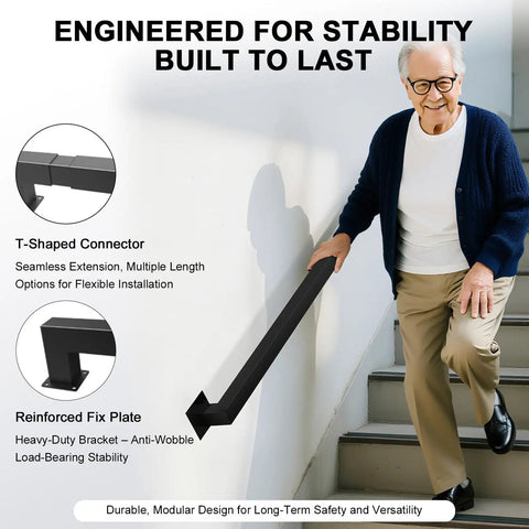 Six Foot Black Metal Wall Mounted Stair Handrail Featuring Industrial Pipe Styling And A Legit Five Hundred Pound Weight Limit safe for home staircases.