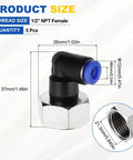 Five Piece Push To Connect Pneumatic Fittings For Half Inch NPT Female Elbow 90 Degree Nickel Plated Brass For 6mm Tube Blue Quick Connect Air Line Adapters, showing dimensions and features.