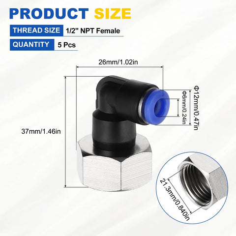 Five Piece Push To Connect Pneumatic Fittings For Half Inch NPT Female Elbow 90 Degree Nickel Plated Brass For 6mm Tube Blue Quick Connect Air Line Adapters, showing dimensions and features.