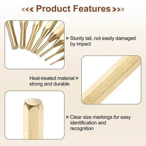 Brass Punch Set Two Piece No Mar Drive Pin And Alignment Punches One Quarter Inch Head Pro Grade Brass close-up detail