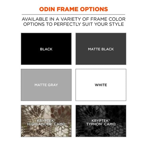 Skullerz Odin Safety Glasses frame options in black, matte black, matte gray, white, Kryptek Highlander Camo, and Kryptek Typhon Camo.