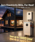 Top Shelf Heavy Duty 48V 314Ah LiFePO4 Battery With 300A Smart BMS And Bluetooth App Control For Solar Home Backup Or RV Off Grid Energy Storage Zero Hassle No Sweat Operation installed near a modern home with solar panels.