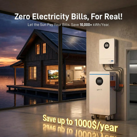 Top Shelf Heavy Duty 48V 314Ah LiFePO4 Battery With 300A Smart BMS And Bluetooth App Control For Solar Home Backup Or RV Off Grid Energy Storage Zero Hassle No Sweat Operation installed near a modern home with solar panels.