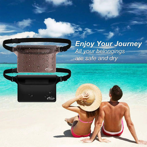 Killer Waterproof Fanny Pack Phone Pouch Dry Bag on beach with sea background and couple relaxing.