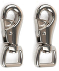 Pair of chrome heavy-duty bull snap hooks with eye bolts, marine hardware