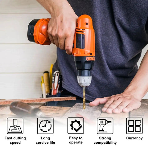 Person using a drill equipped with Heavy Duty HSS Countersink Drill Bit Set Titanium Coated 3 In 1 All In One Drill Tap Chamfer Kit.