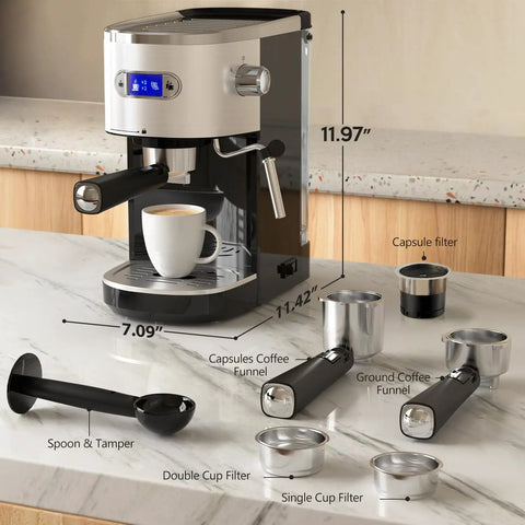 20 Bar Espresso Machine Semi Automatic Home Barista Coffee Maker With Milk Frother Steam Wand And 45 Ounce Removable Water Tank With Brushed Stainless Steel Finish on countertop with accessories