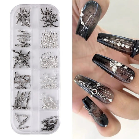 3D Metal Punk Nail Charms Set With Belt Spikes Rivets And Gothic Cross Studs In Silver Black White Mixed Sizes For Dope DIY Manicure alloy box