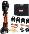Badass Heavy Duty 18V Brushless Cordless Hydraulic Crimping Tool Kit With Swappable Dies, featuring battery and dies for cable lug crimping.