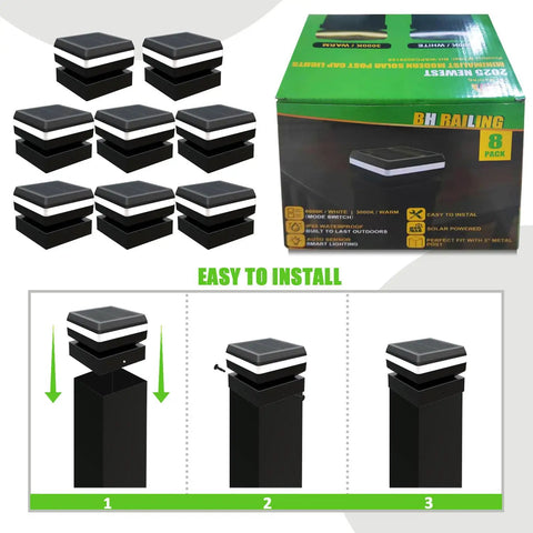 Top Shelf Solar Post Cap Lights 8 Pack Offering Easy Swap Between 3000K And 6000K Led, showing installation steps on 3x3 post.