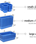 42 Pack Tool Box Organizer Tray Dividers for Rolling Chest Cabinet and Workbench Storage Keeps Hardware Screws Nuts and Small Tools Neat and Tidy with Easy Drawer Organization Blue, showing 24 small, 12 medium, and 6 large blue dividers.