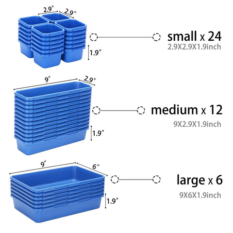 42 Pack Tool Box Organizer Tray Dividers for Rolling Chest Cabinet and Workbench Storage Keeps Hardware Screws Nuts and Small Tools Neat and Tidy with Easy Drawer Organization Blue, showing 24 small, 12 medium, and 6 large blue dividers.