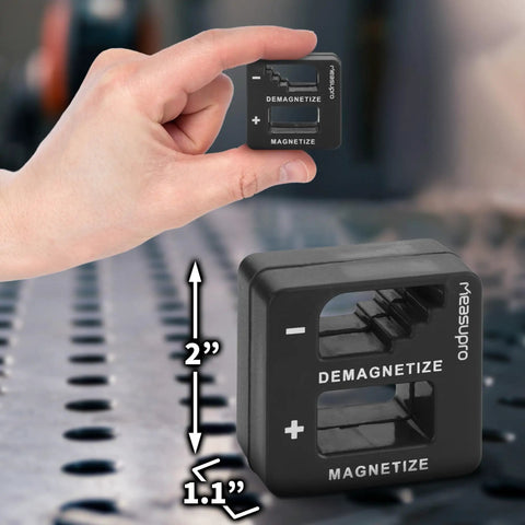 Hand holding a Pro Grade Magnetizer And Demagnetizer Kit for screwdrivers, bits, small tools and drills, black 3 pack.