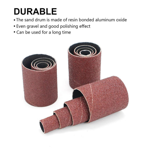 Red sanding drum sleeves for drill/press, 2-inch long, resin-bonded aluminum oxide abrasive
