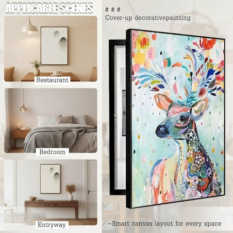 Stylish Flip-Top Electric Meter Box Cover That Totally Hides Wall-Mounted Breaker Panels With Smooth Design And Effortless Circuit Access For Any Home Makeover In Modern Living Spaces, featured in various room settings.