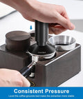 2-In-1 Espresso Tamper And Magnetic WDT Tool With 53mm Spring-Loaded Base being used on a portafilter
