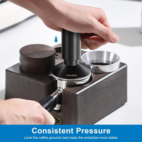 2-In-1 Espresso Tamper And Magnetic WDT Tool With 53mm Spring-Loaded Base being used on a portafilter