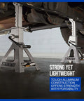 Beefy Aluminum Jack Stands Pair For Heavy Duty Lifts, 12,000 Pound Total Capacity, Lift Range 11.4 To 16.1 Inches in use under vehicle