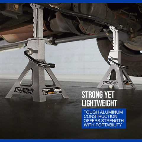 Beefy Aluminum Jack Stands Pair For Heavy Duty Lifts, 12,000 Pound Total Capacity, Lift Range 11.4 To 16.1 Inches in use under vehicle