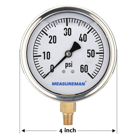 MeasureMan 4-inch glycerin-filled plumbing pressure gauge, 0-60 psi, stainless steel case, 1/4in NPT lower mount