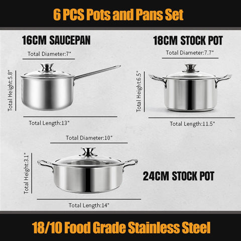 Stainless Steel 6-Piece Nonstick Cookware Set With Lids For Induction, Electric, And Gas Stovetops, 18/10 food grade