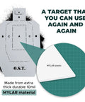 Heavy Duty 10 Mil Mylar Silhouette Target Stencil for cardboard targets shown with material detail and product features.
