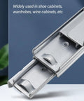 Close-up of heavy duty undermount drawer slides with full extension for cabinets and staircases, 400-700mm cold rolled steel, 120kg load.