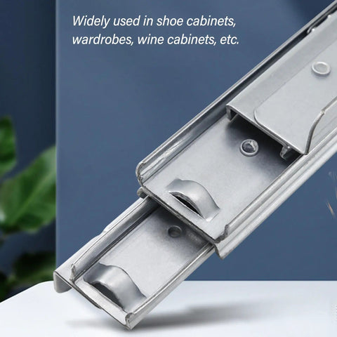 Close-up of heavy duty undermount drawer slides with full extension for cabinets and staircases, 400-700mm cold rolled steel, 120kg load.