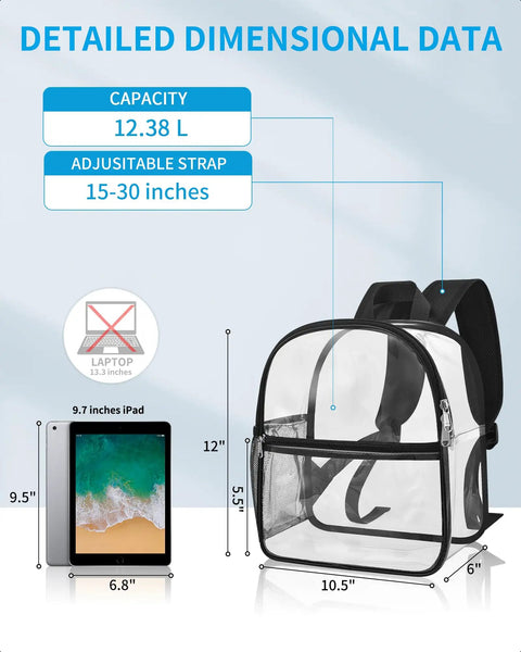 Clear Stadium Bag 12 By 12 By 6 Inches With Reinforced Wider Shoulder Straps For Easy Security Checks dimensions shown