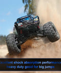One Tenth Scale RC Car Front And Rear Shock Absorber Set For Beefed Up Four Wheel Drive 4x4 RC Trucks Upgrade Replacement Parts Blue 5862 Compatible With Slash Rustler Stampede And More in action, showing off-road capabilities