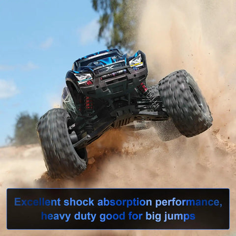One Tenth Scale RC Car Front And Rear Shock Absorber Set For Beefed Up Four Wheel Drive 4x4 RC Trucks Upgrade Replacement Parts Blue 5862 Compatible With Slash Rustler Stampede And More in action, showing off-road capabilities